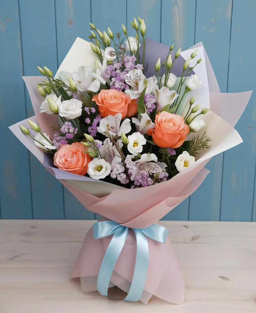 Букет цветов из: Лизиантусы, Розы, Альстромерии и Гипсофила в Донском Тамбовская область