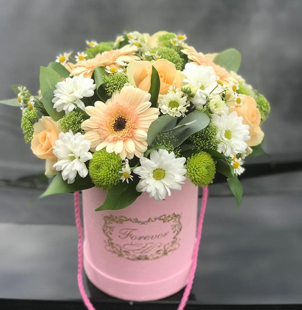 Цветочная композиция из Розы, Герберы и Хризантемы в шляпной коробке в Донском Тамбовская область